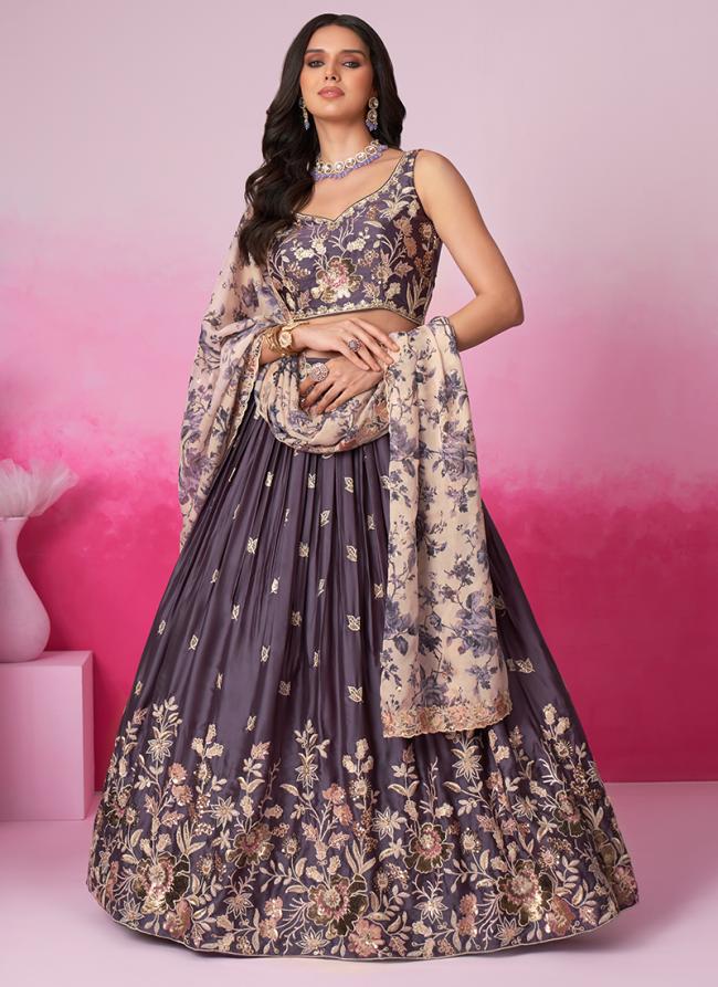 Sattin Purple Bridal Wear Sequins Work Lehenga Choli